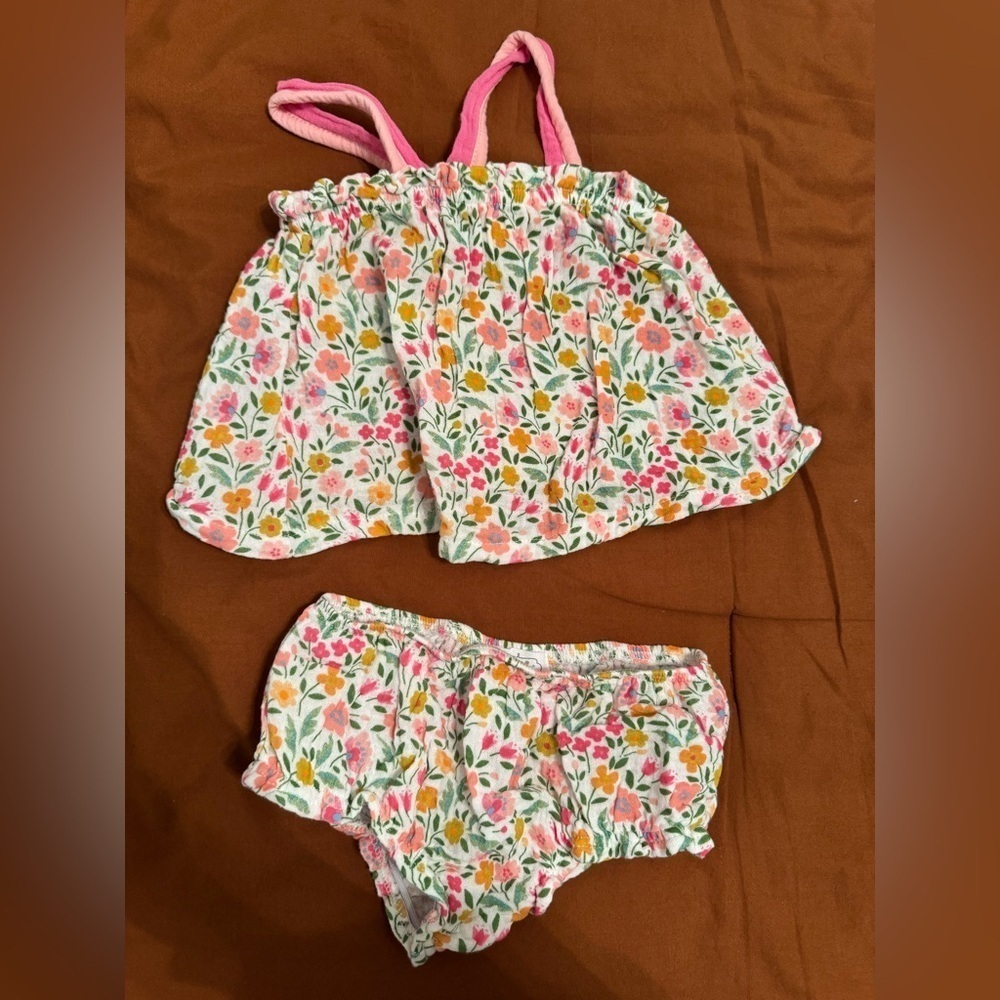 MudPie Floral Pinafore 2pc Set sz 6-9m
